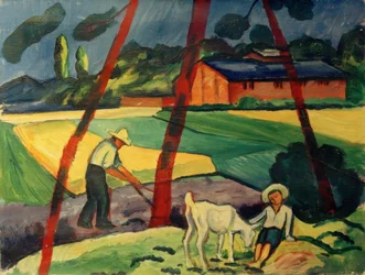 Landschaft mit Bauer, Junge und Ziege